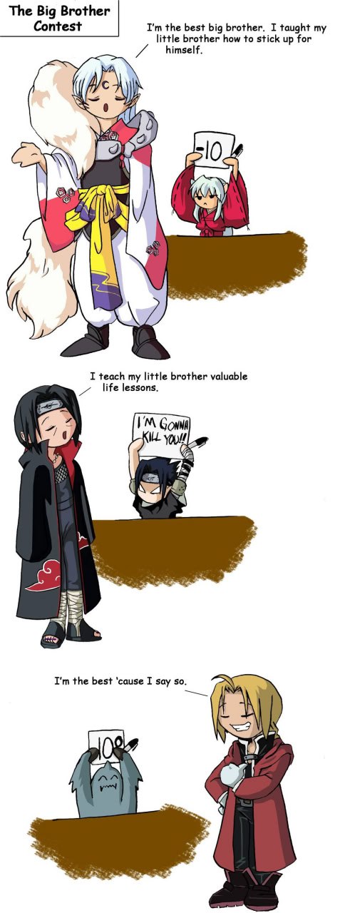 The Big Brother Contest I'm the best big brother. I taught my little brother how to stick up for himself. 510 I teach my little brother valuable life lessons. I'M GONNA KILL YOU!!! I'm the best 'cause I say so.